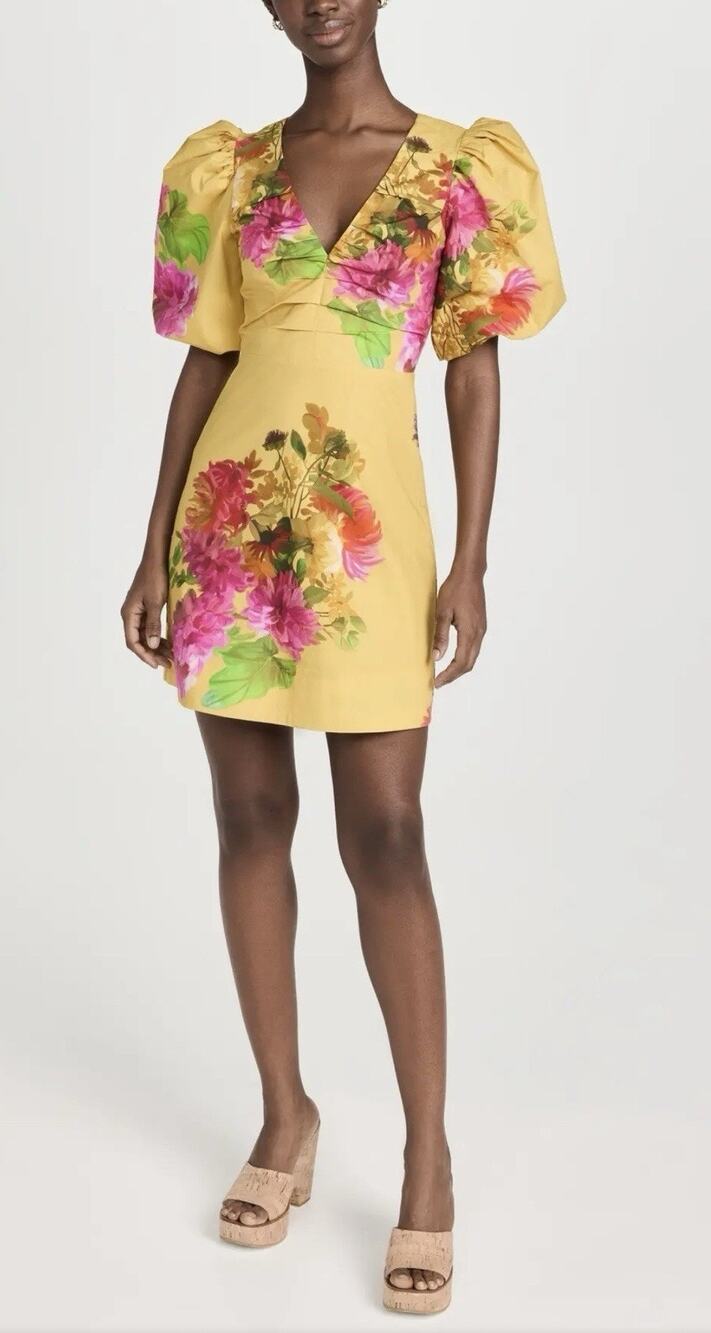 CARA CARA Aliza Cream Gold Floral Peonies Puff Sleeve Cotton Dress Sz S NWT $525